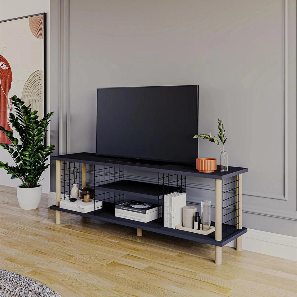 Peka Ahşap Ayaklı Metal Bölmeli Raflı TV Ünitesi Antrasit
